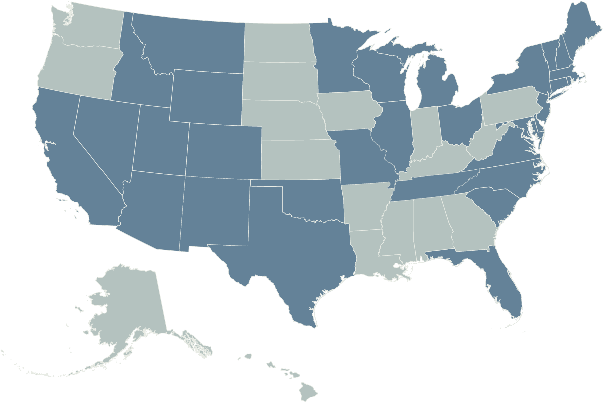A map of the United States shading states where Aquilance has clients.