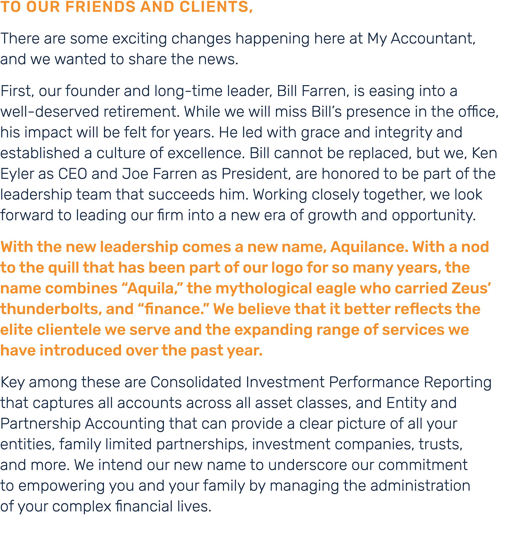A note about the Aquilance name change and brand refresh addressed to clients