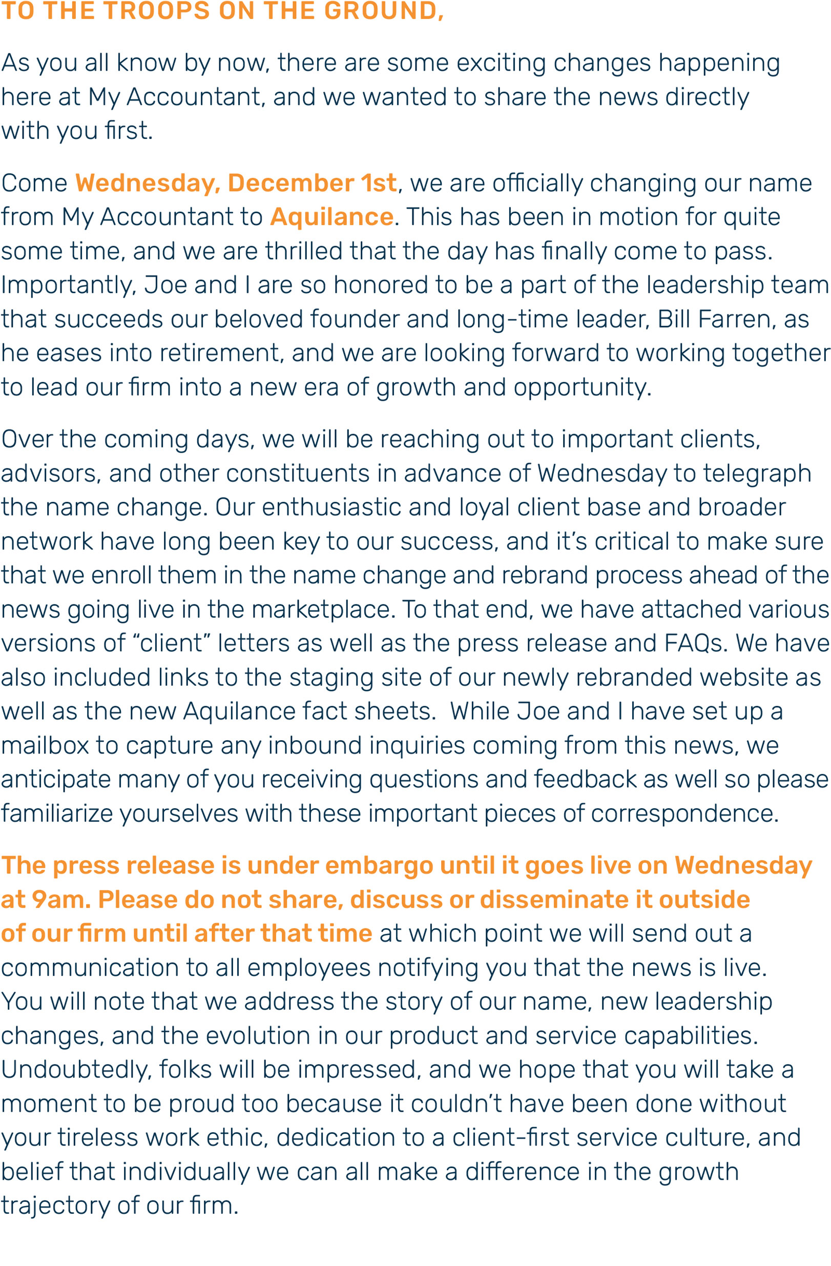 An announcement to Aquilance employees about the name change happening starting December 1, 2021